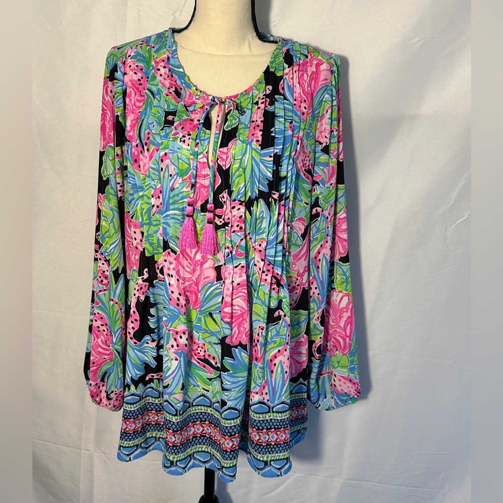 Lilly Pulitzer Marilina Tunic Top in Jaquar Jungle, Onyx, Size XL